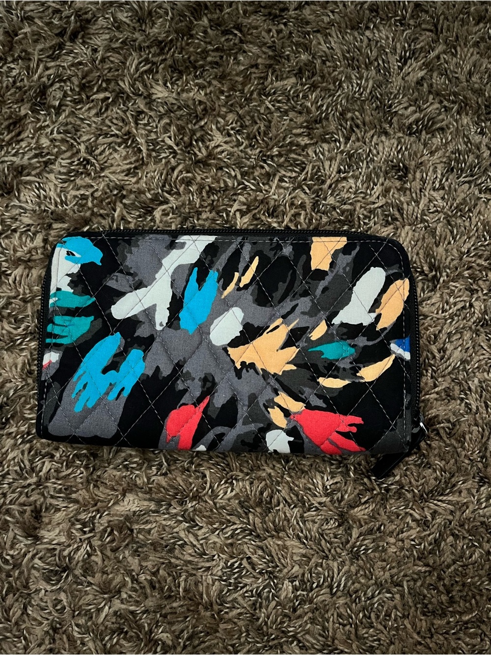 Vera Bradley Black Quilted Zip Wallet with Multicolor Brushstroke Print